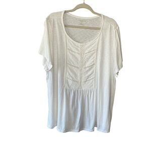 Talbots Woman White Lace Pintuck Bib Slub Knit Top 3X Short Sleeve Tee